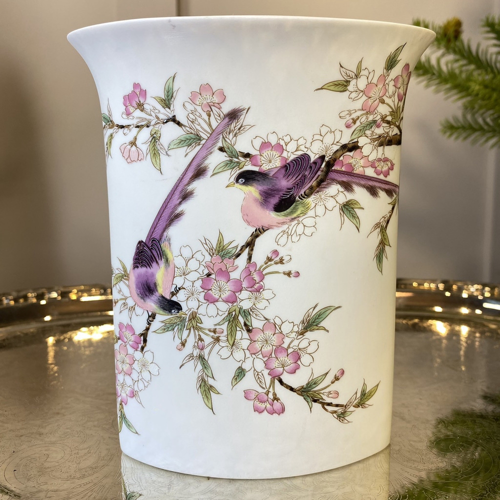 Vtg Hand painted Shaped Japan Vase Birds Perched On a Cherry Tree Branch